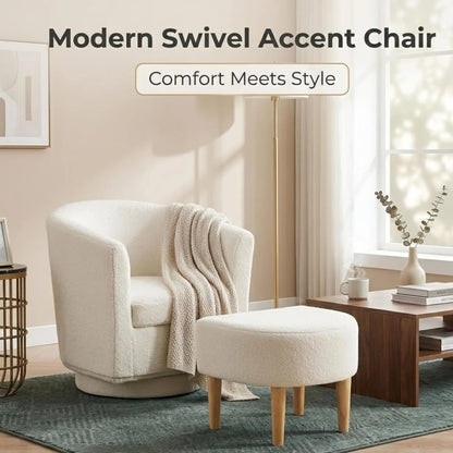 White Swivel Accent Chair with Ottoman, Modern Barrel Living Room Chair with 360° Swivel Base, Upholstered Armchair, Customized