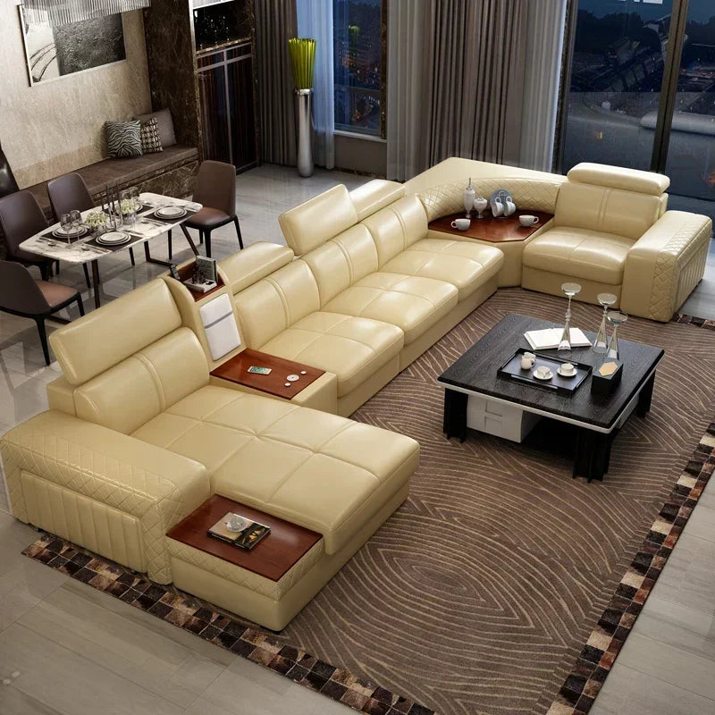 Italian Leather Couch With Heating Seat Cold Fridge Genuine Leather Sofa With Headrests USB, Stools And Storage Easy to clean