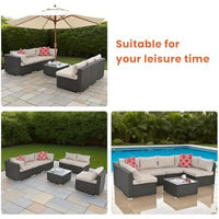 beige rattan wicker outdoor patio sectional set with coffee table and two pillows