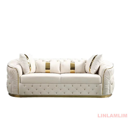 Luxury Chesterfield Sectional Sofa Set with Cloth Buttons and Fabric Modular Couch with Gold Stainless Steel Base, 3-seater Sofa