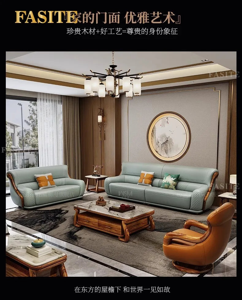 leather sofa new Chinese-style first-layer cowhide European-style solid wood living room corner combination villa