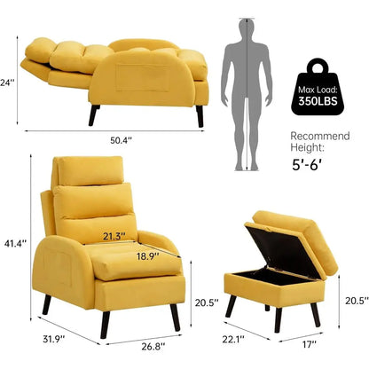 Yellow Velvet Oversized Lounge Chair with Ottoman and Adjustable Backrest for Living and Bedroom Comfort