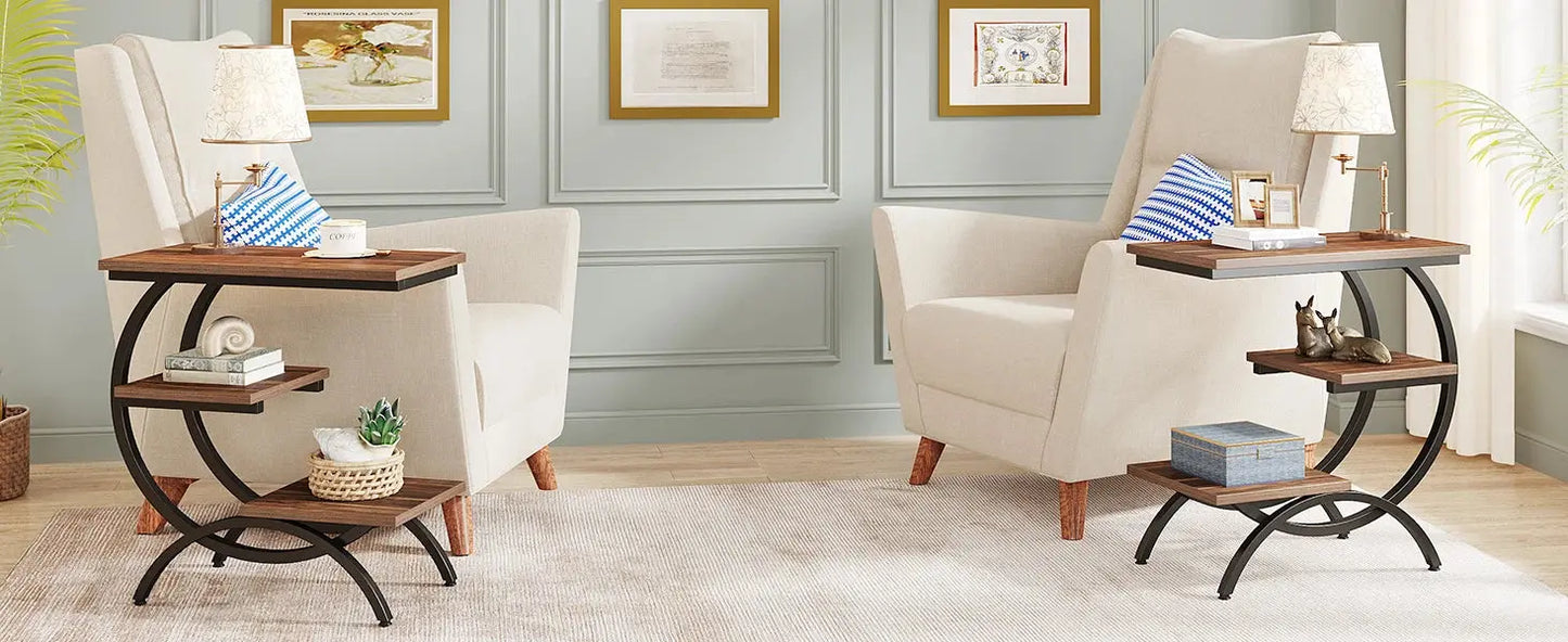 Tribesigns C-Shaped End Table, Industrial 3-Tier Small Table for Couch, Wood Bedside Table Snack Table with Storage Shelves