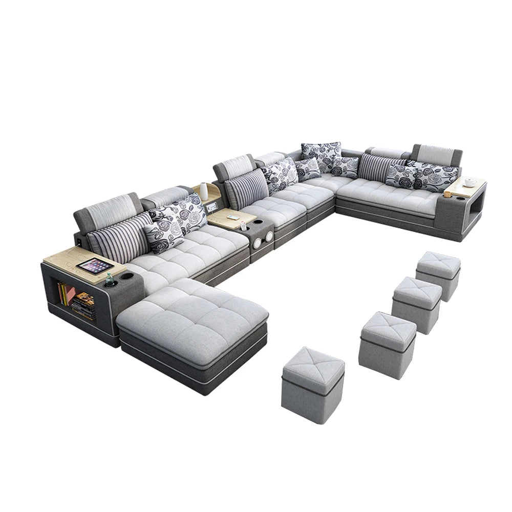MANBAS Modern U-Shaped Fabric Sectional Sofa Set with Storage, Cup Holders, Speaker, USB, Bookshelf and Stools for Living Room