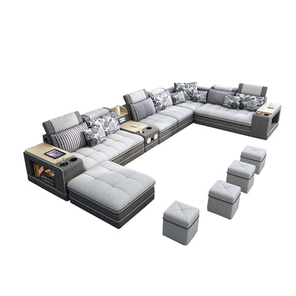MANBAS Modern U-Shaped Fabric Sectional Sofa Set with Storage, Cup Holders, Speaker, USB, Bookshelf and Stools for Living Room