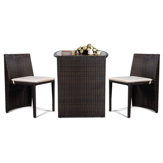 Wicker Bistro Set, 3 Piece Rattan Patio Furniture Set w/Tempered Glass Dining Table and Cushions, Conversation Bistro Sofa Set f