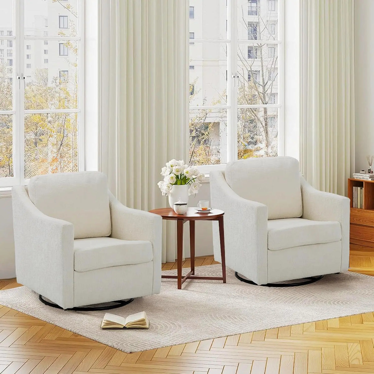Swivel Accent Chair, 360° Rotation Chenille Fabric Upholstered Leisure Armchair with Lumbar Pillow for Living Room Bedroo