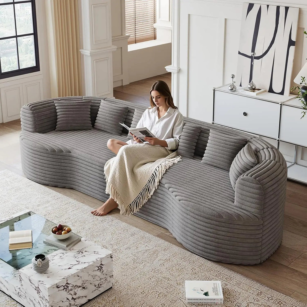 Oversized Curved Sectional Sofa, 106” Modern Boneless Modular 4-Seater Couch with 6 Pillows Corduroy Deep Seat Sofas, Custom