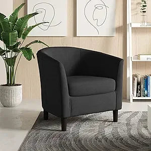 Accent Chair, Upholstered Faux Leather Barrel Chair with Nailed Trim, Comfy Club Armchair for Reading Living Room Bedroom Waitin
