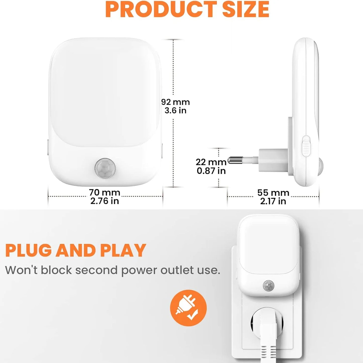 1pc/2pcs EU Plug in LED Motion Sensor Night Lights for Kids Bedroom Auto Dusk to Dawn Sensor Dimmable Wireless Cabinet Lamp