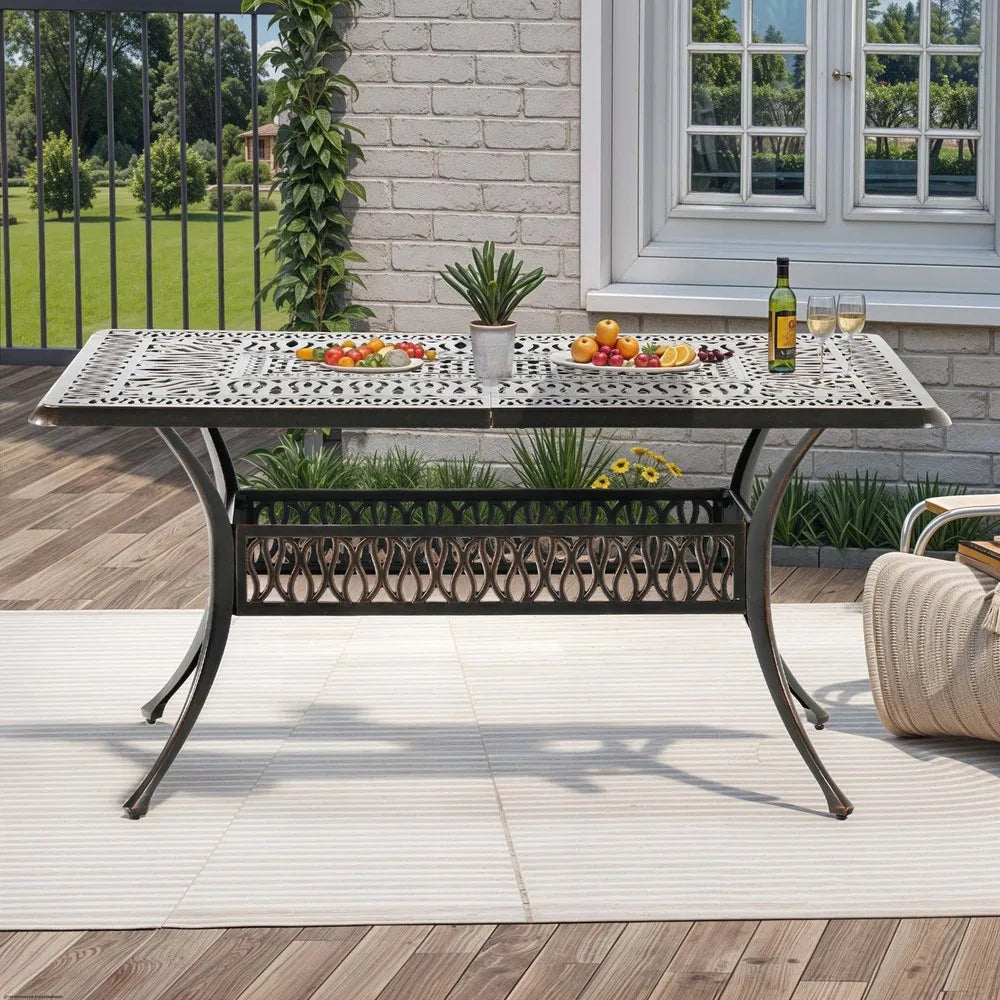 59'' Cast Aluminum Outdoor Patio Dining Table for 6-8 Person with Umbrella Hole