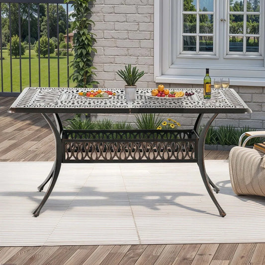 59'' Cast Aluminum Outdoor Patio Dining Table for 6-8 Person with Umbrella Hole