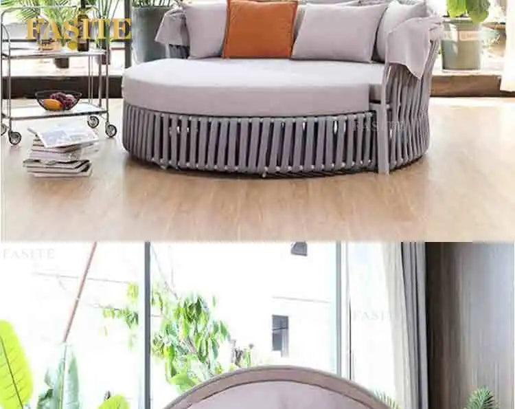 Outdoor circular bed courtyard terrace waterproof and sunscreen aluminum frame structure rope weaving storage