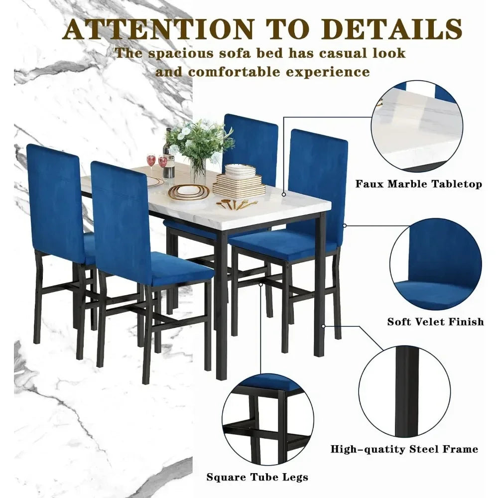 # Hot Sales Dining Table Set For 4- Space And Chairs For 4 Modern Style Faux Marble Tabletop & 4 Blue Velvet Chairs For Dining R