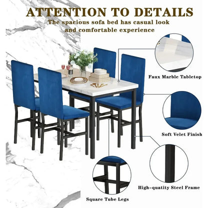 # Hot Sales Dining Table Set For 4- Space And Chairs For 4 Modern Style Faux Marble Tabletop & 4 Blue Velvet Chairs For Dining R