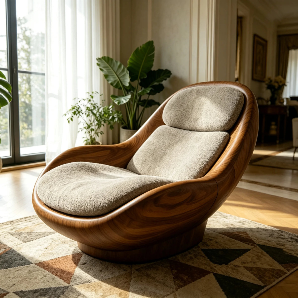 Modern Luxury Swivel Accent Chair with Sculptural Walnut Frame and Soft Boucle Upholstery
