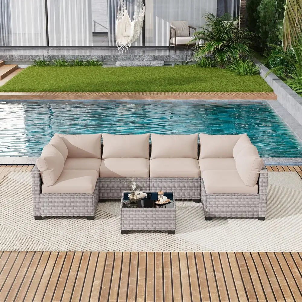 7-Piece Outdoor Patio Furniture Set, Sectional Sofa, Wicker Rattan, with Coffee Table and Cushions