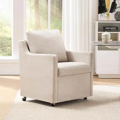 Modern Linen Dinging Chair with Casters.Upholstered Arm Chair for Relaxing.Storage Chair Design,Set of 1