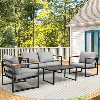 Outdoor Metal Patio Furniture Sets 4-Piece, Sectional Outdoor Conversation Sets w/Iron Coffee Table, Patio Couch with Rem
