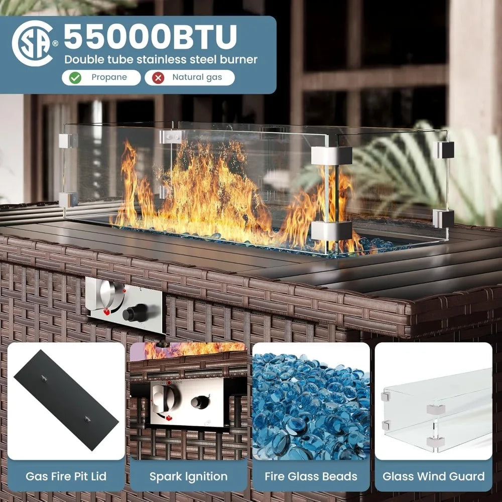 5-piece brown wicker outdoor patio furniture set with fire pit table and sectional sofa for deck and garden conversation area