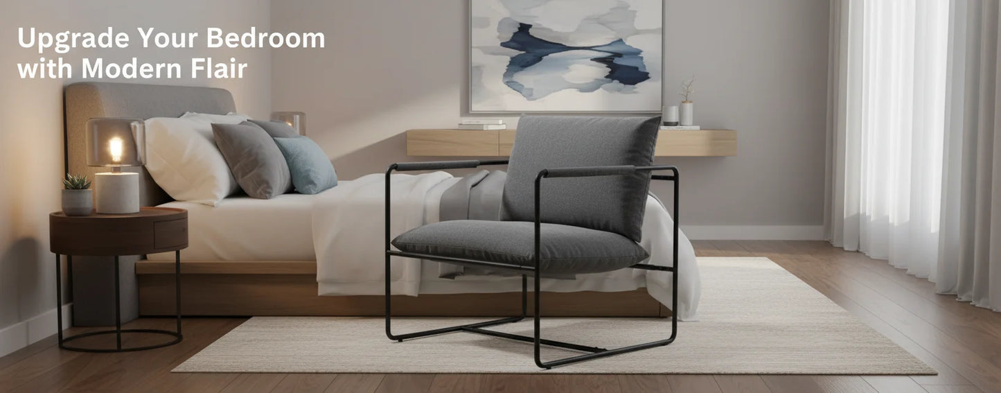 Modern Mid Century Accent Chair, Metal Frame Armchair with Shredded Foam Cushion, Upholstered Lounge Chair Dark Grey