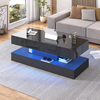 Modern Stylish Coffee Table with LED lights, Double-Layer Design for Living Room Coffee Table with 2 Storage Drawers
