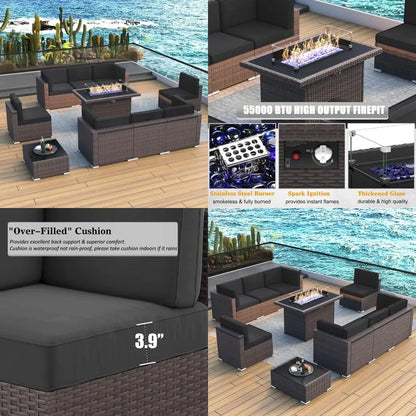 brown rattan outdoor patio furniture set with 44" fire pit and sectional sofa for conversation