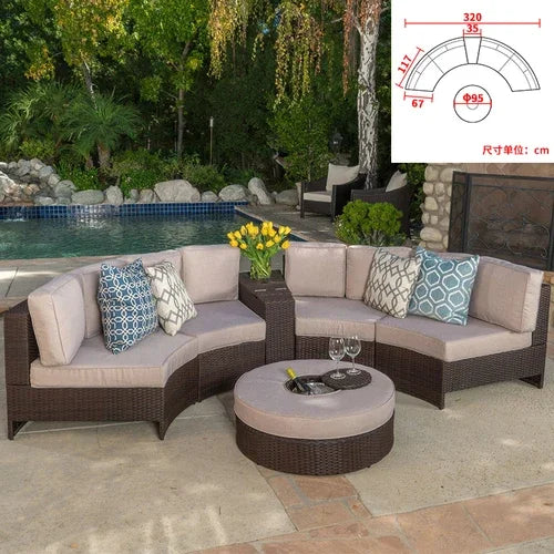 Sofa, courtyard, garden, leisure, outdoor living room, semi circular curved rattan chair, terrace, outdoor furniture combination