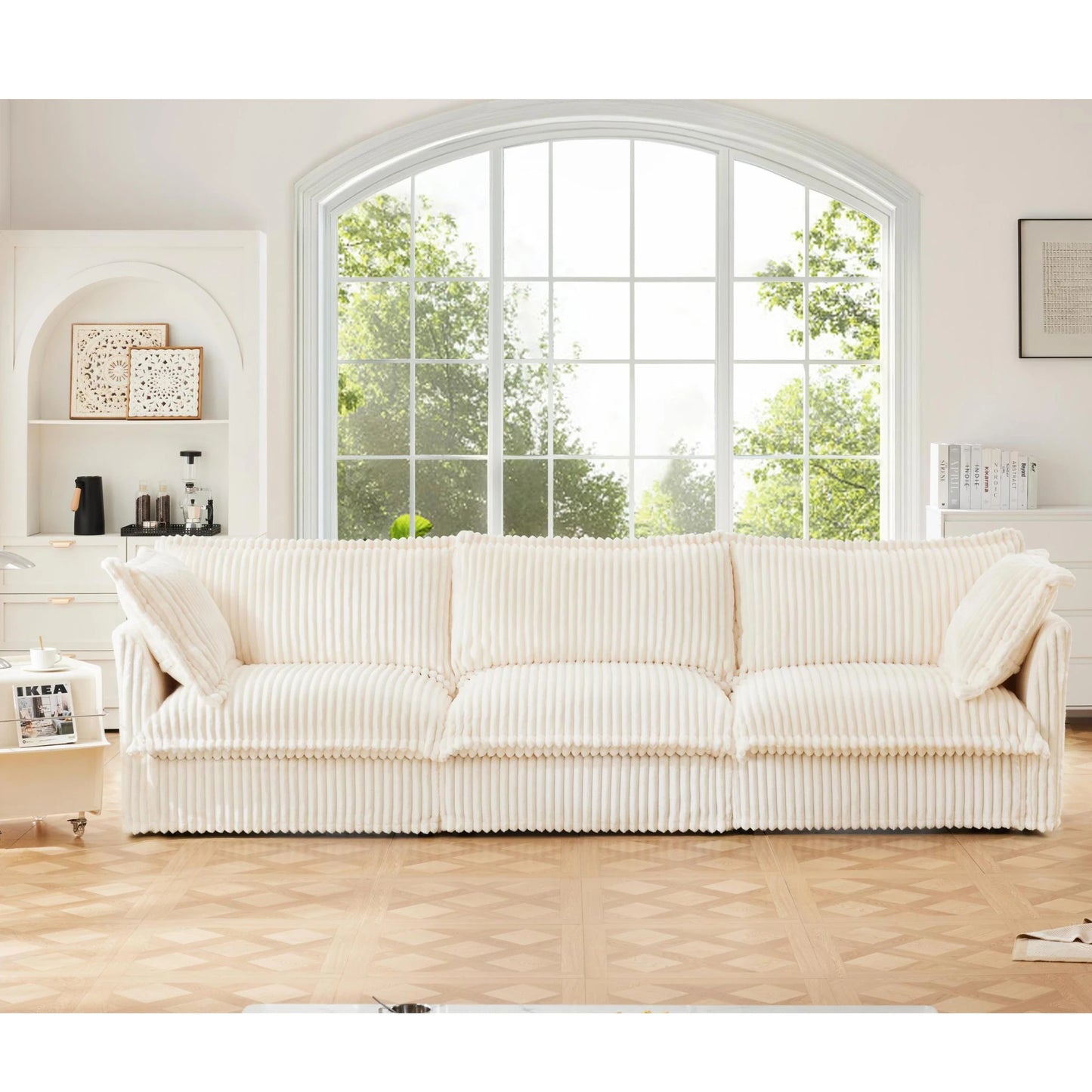 Comfortable modern three seater sofa with soft armrests, deep seated sofa with multiple soft large pillows