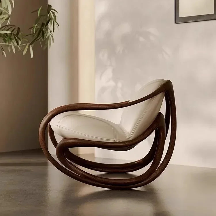 Italian leather sofa rocking chair solid wood black walnut balcony lazy lounge chair