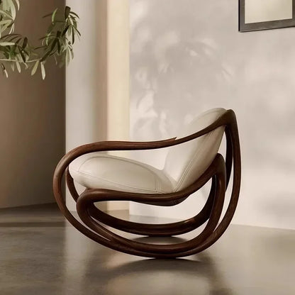 Italian leather sofa rocking chair solid wood black walnut balcony lazy lounge chair