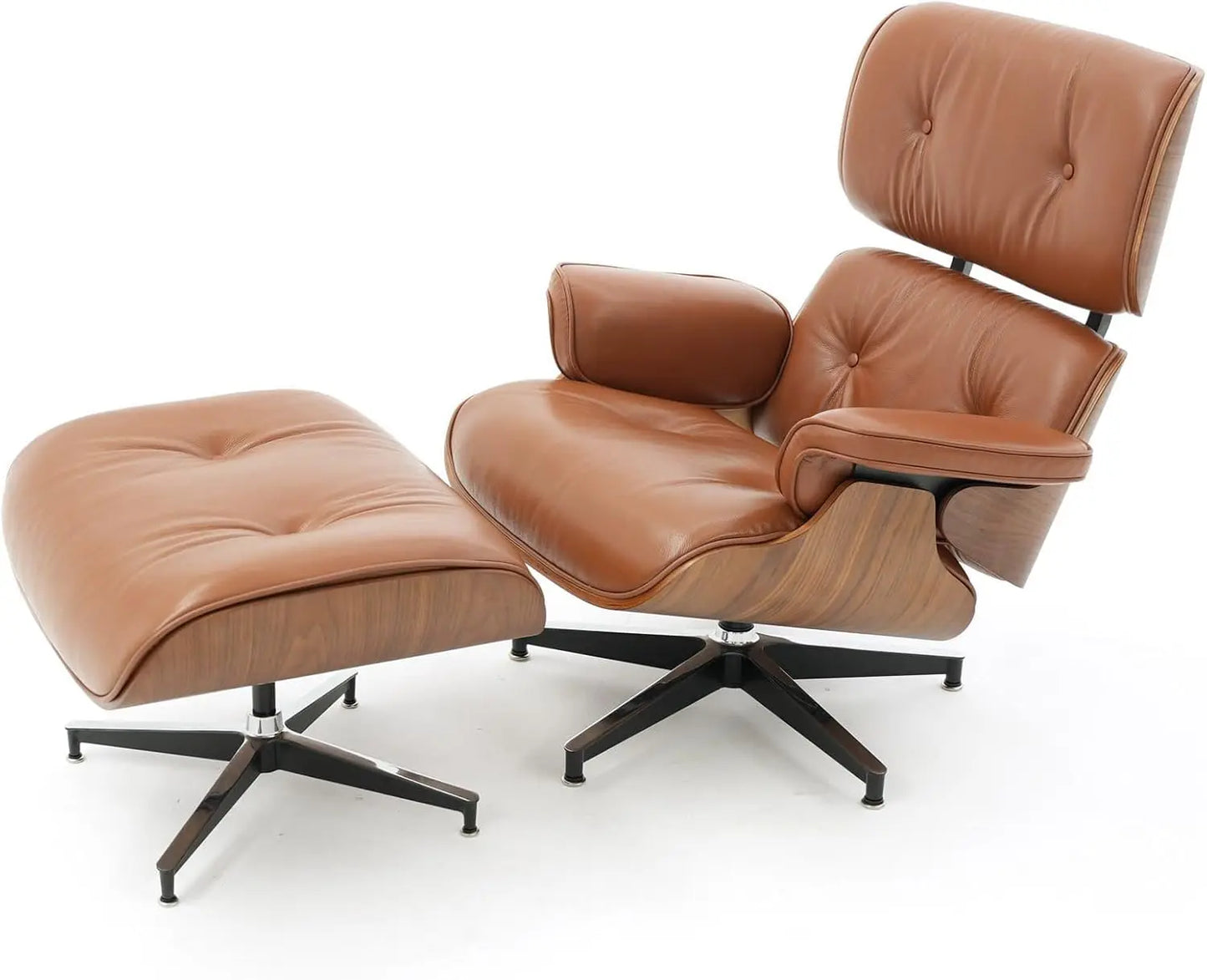 Mid Century Chaise Lounge Chair with Ottoman, Top Black Grain Leather,Modern Office Chair Classic Design,Heavy Duty Base Support
