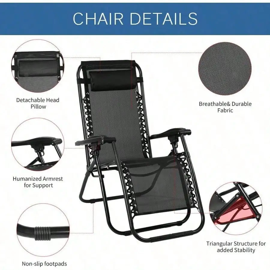 Chair Zero Gravity Lounge Chairs Outdoor Adjustable Reclining Steel Mesh Folding Recliner For Pool Beach With Pillows, Cup Tray