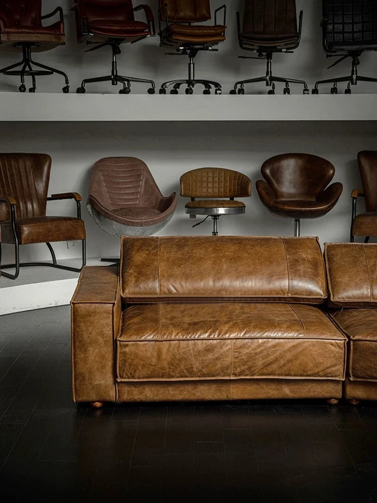 Classic retro style living room Budapest sofa, second-hand bed and breakfast oil wax leather special-shaped sofa