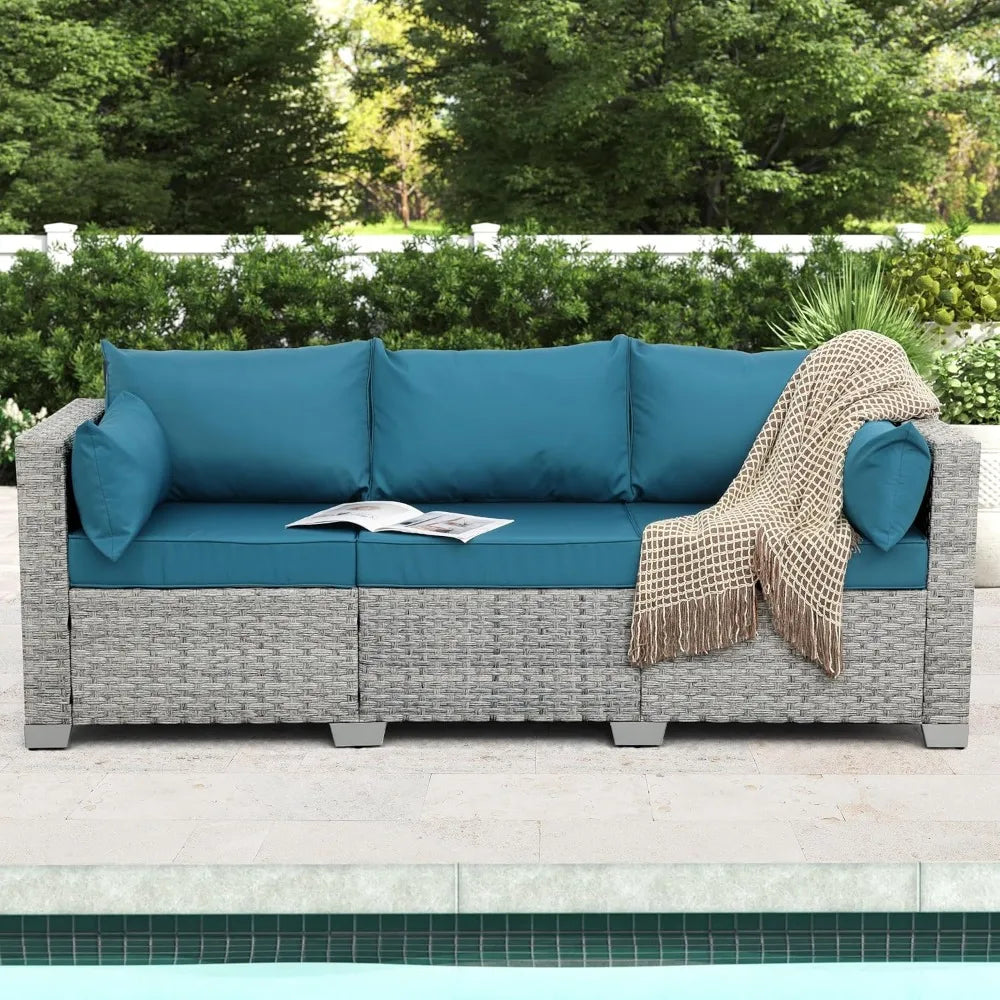 Outdoor Couch 3 Seater Wicker Patio Sofa Grey Rattan Deep Seat Balcony Furniture Porch Seating with Peacock Blue Cushion