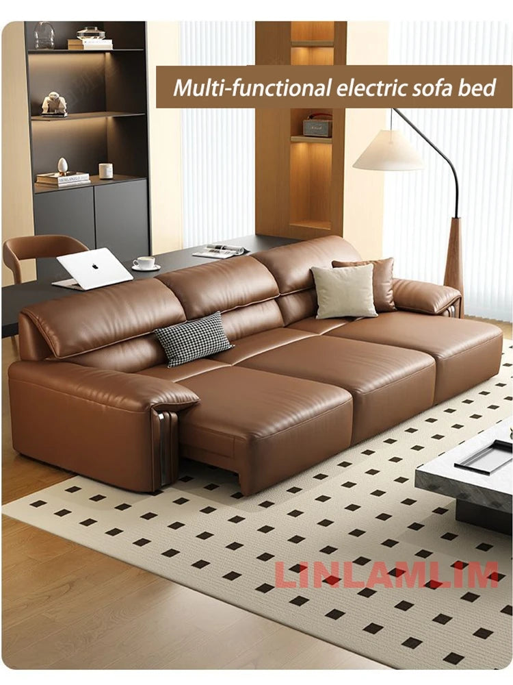 Modern Convertible Genuine Leather Sofa Bed – Multi-functional Electric Sleeper Couch with Adjustable Seats & Wide Chaise Lounge