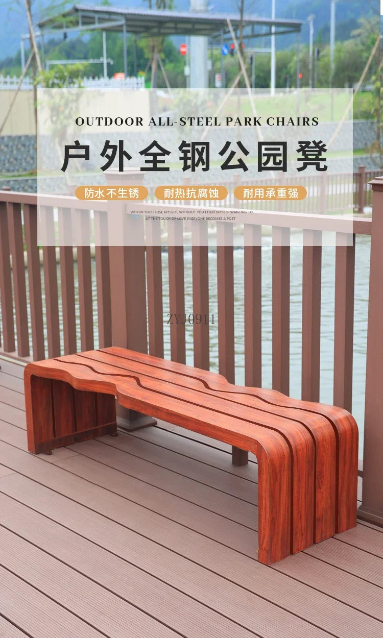 Banc d'extérieur de parc en fer forgé, chaise communautaire de loisirs, double banc carré d'extérieur, jardin en bois massif