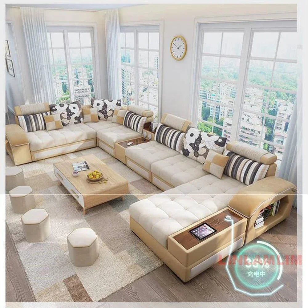 Linlamlim U-Shaped Sectional Fabric Sofa Set - Modern Living Room Furniture with Storage, Built-in Side Table, USB, and Cushions