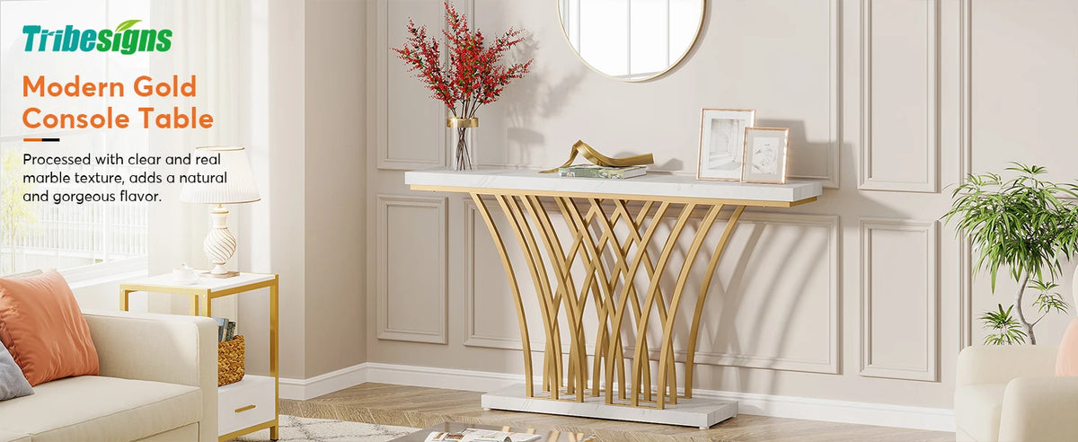 Tribesigns 59 inch Gold Console Table, Modern Entryway Table with Grid-Shaped Metal Base for Entrance, Hallway, Entryway