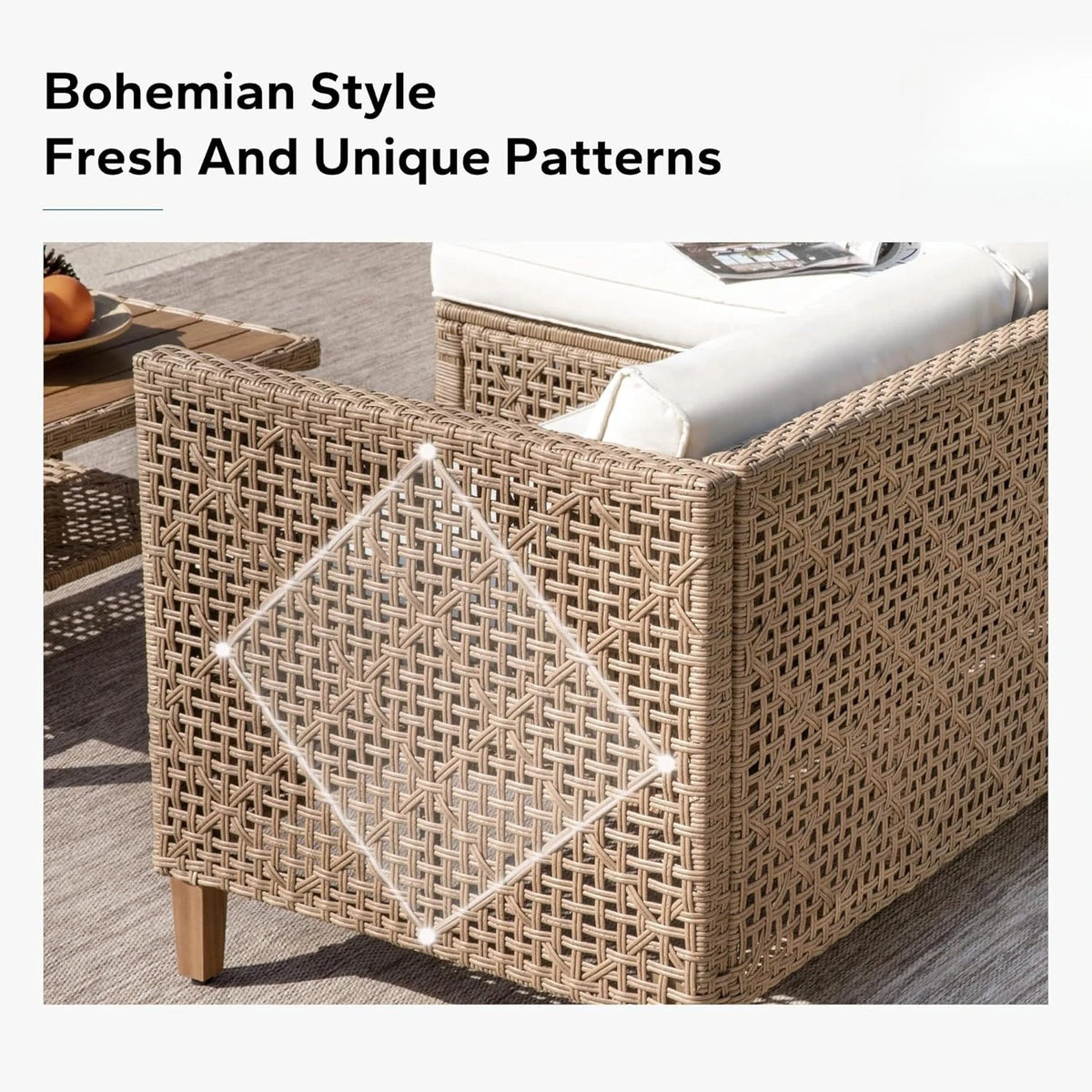 L Shaped Outdoor Sectional Sofa Set Rattan Patio Furniture with Wood Table 3 Pieces Small Conversation Set for Backyard, Custom
