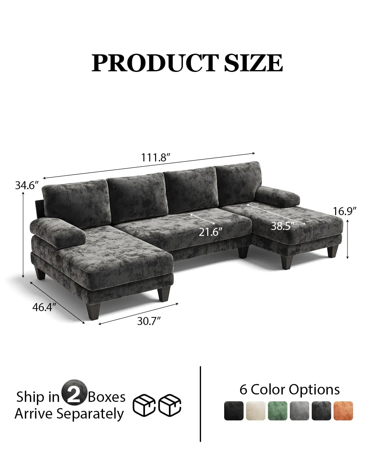 U-Shaped Sectional Couch Double Chaise Chenille Upholstery 112in Modern Living Room Apartment, Customized