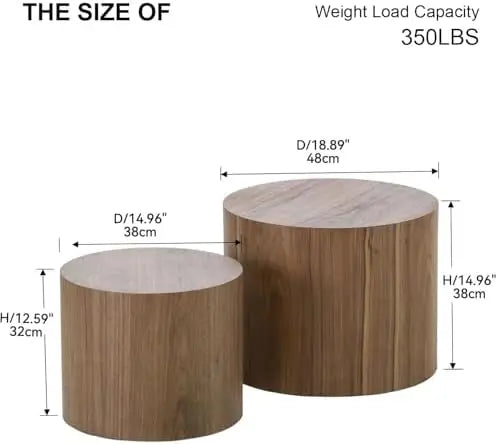Nesting Coffee Table Set of 2, Modern Round Walnut Wooden Tables for Small Spaces