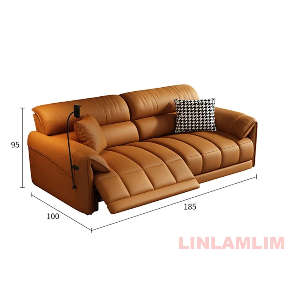 Modern Electric Reclining Sofa with Adjustable Footrest, USB, and Foldable Center Console – Italian Genuine Leather Power Sofa