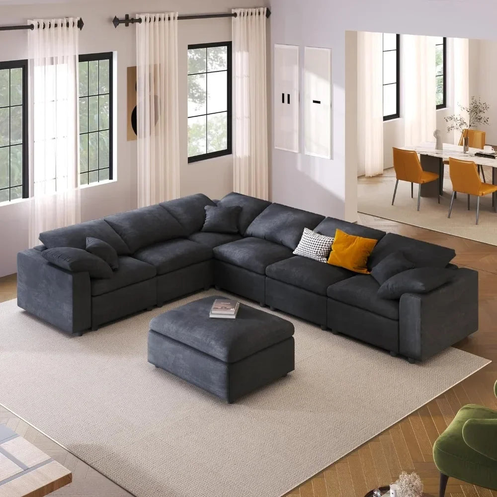 For Oversized Modular Sectional Sofa Set, Modern 6-7 Seater L Shaped Corner Couch with Ottoman for Living Room,Grey
