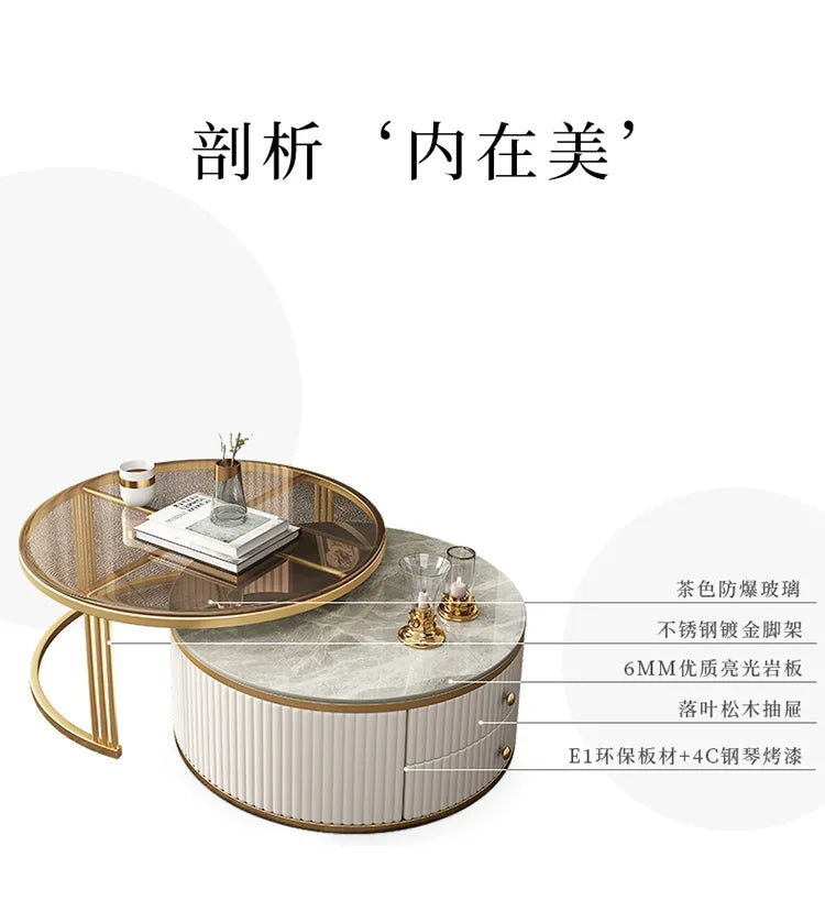 Light Luxury Stone Plate round Tea Table Small Apartment Modern Living Room Glass Coffee Table Living Room Home
