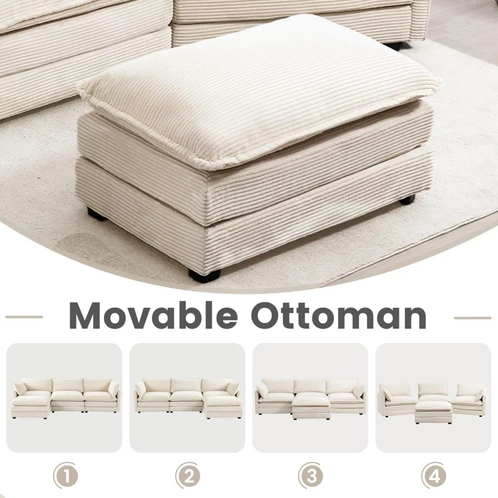 Oversized Modular Sectional Sofa Movable Ottoman 112in 4 Seat Corduroy Convertible L Shape Living Room Office Beige Custom