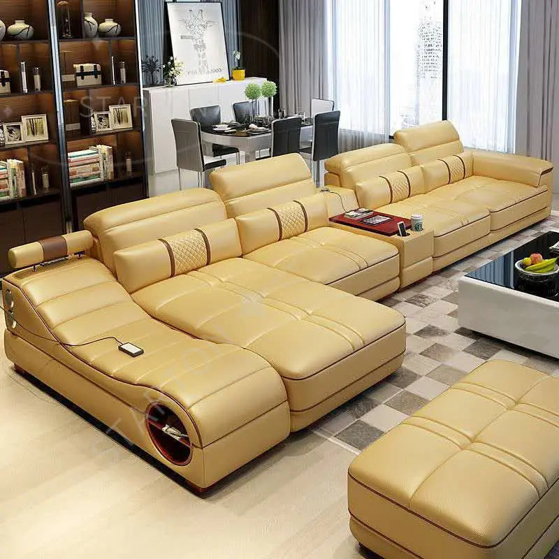 Modern Luxury Sectional Sofa Set with Chaise Lounge – Italian Genuine Leather Couch with Speakers, USB Port