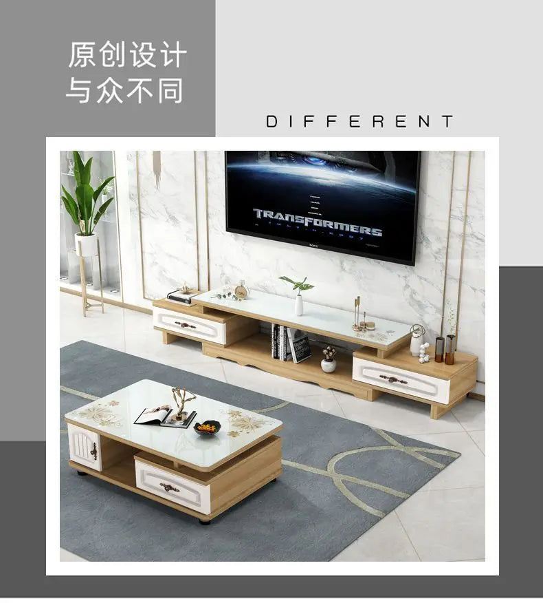 Modern & Minimalist Tempered Glass Expandable TV Stand & Coffee Table Set - European Style, Ideal for Small - Space Living Rooms