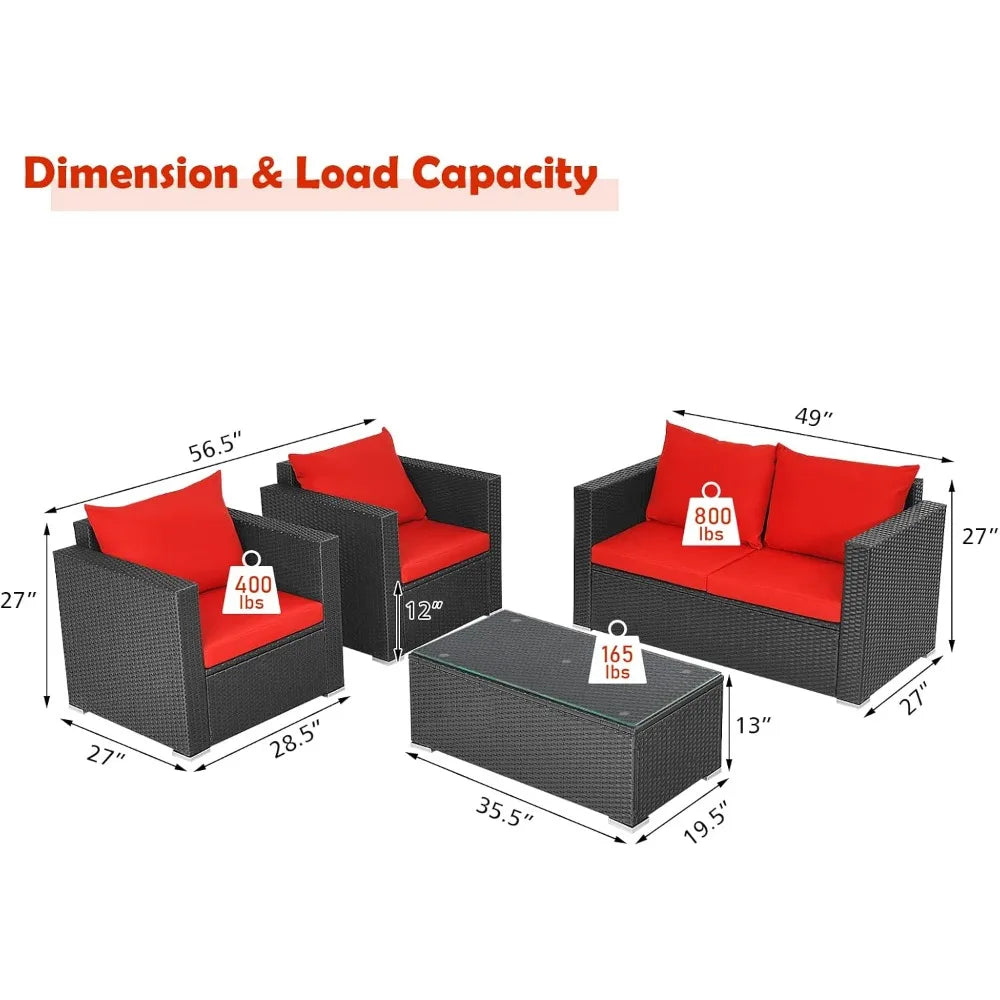 4-Piece Patio Rattan Furniture Set, Cushioned Sofa Chair, Loveseat and Coffee Table with Tempered Glass Top, Outdoor Conversati