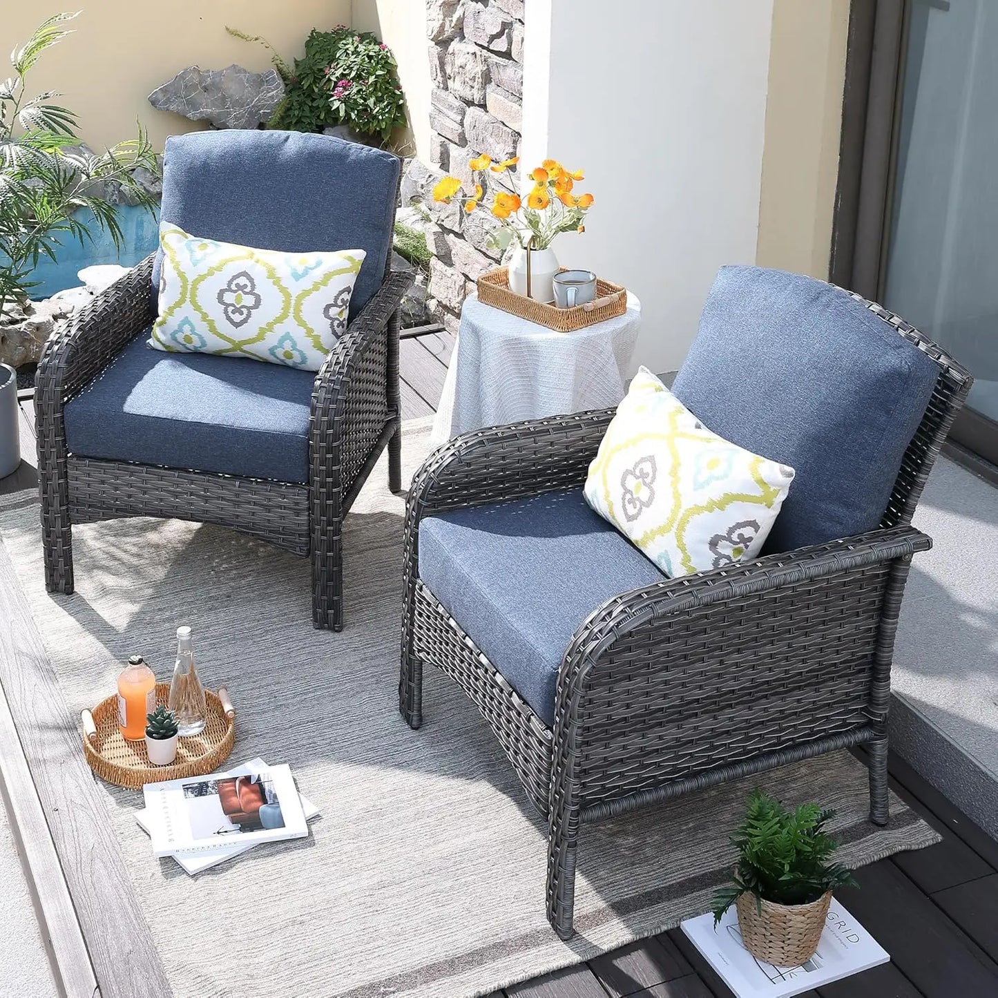 2-Piece Patio Furniture Set, Outdoor Wicker Sofa with Chairs, High Back Rattan Chair with Comfy Cushions for Porch, Customized